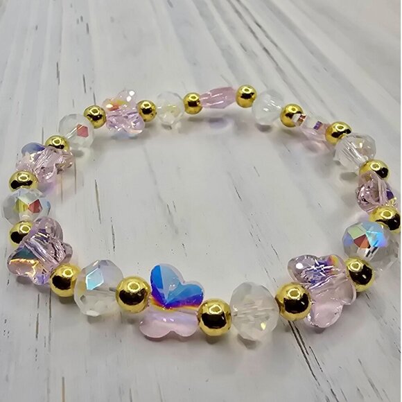 Handmade Austrian Crystal Bracelet ✦ Clear AB Rondelle Beads + Pink Butterflies - Picture 6 of 9
